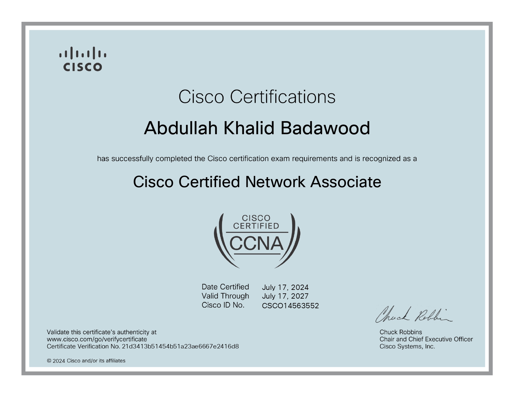 Cisco CCNA certificate