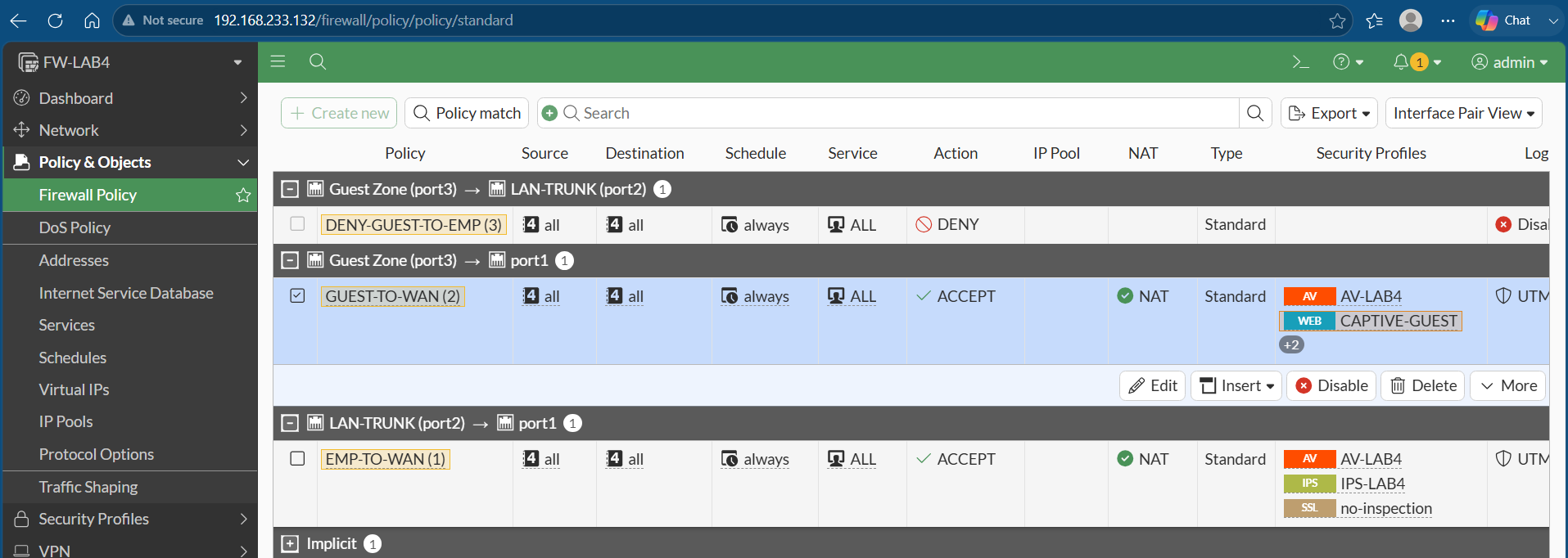 FortiGate Firewall Policies — Guest Zone isolation + Employee to WAN