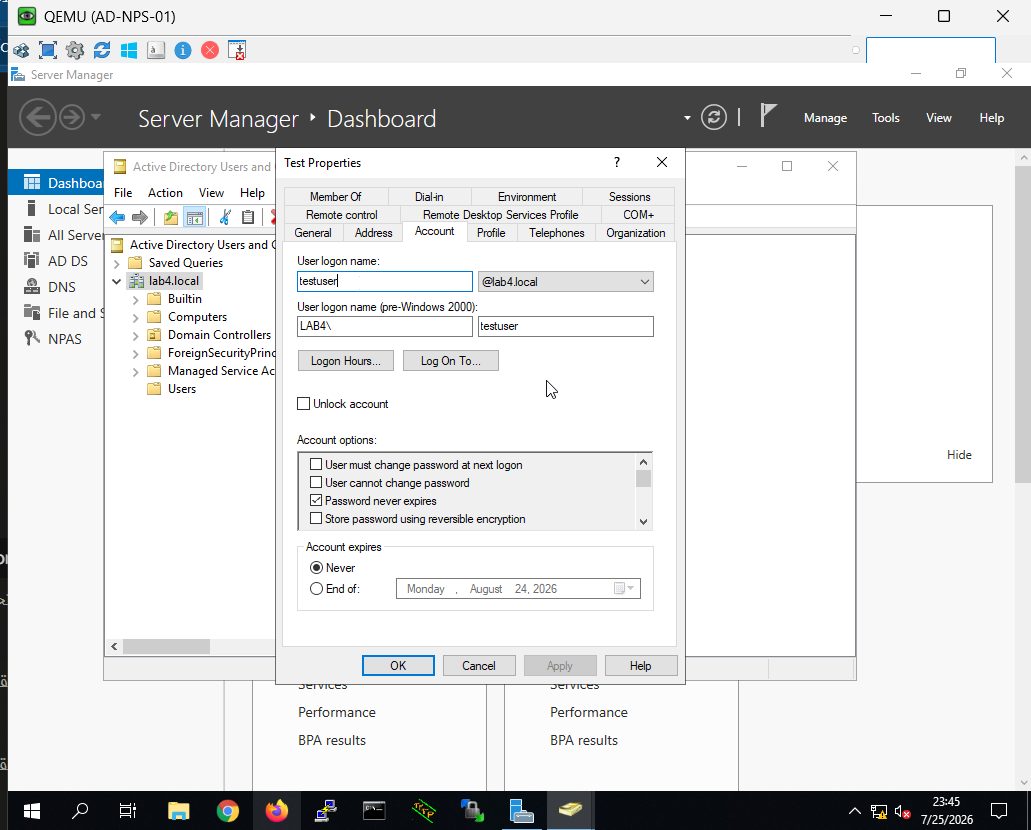 Active Directory — testuser account in lab4.local domain