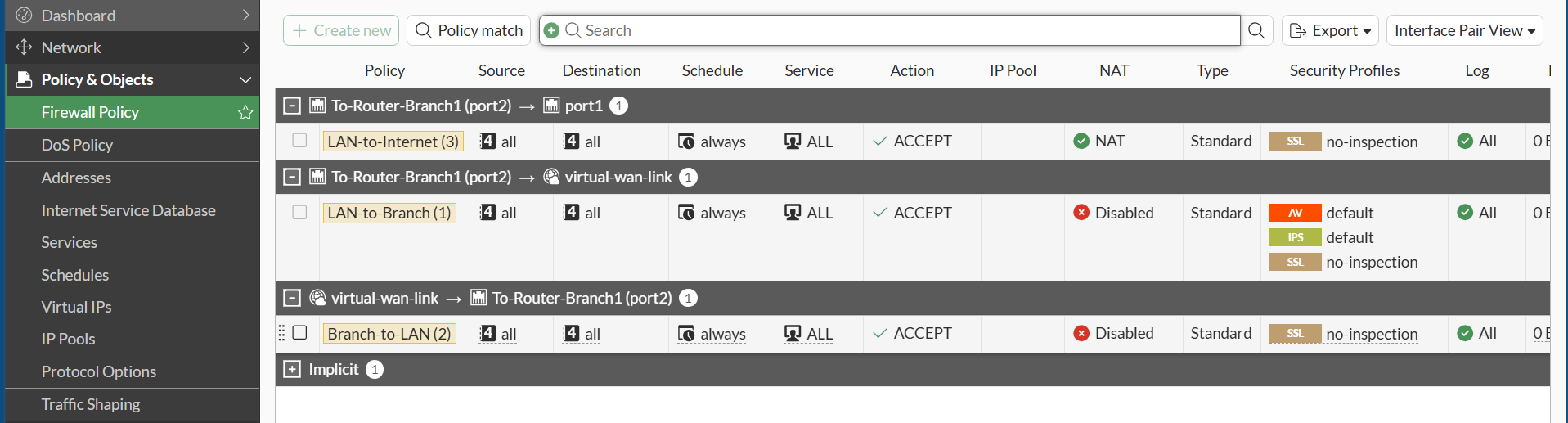 FortiGate Branch Firewall Policy