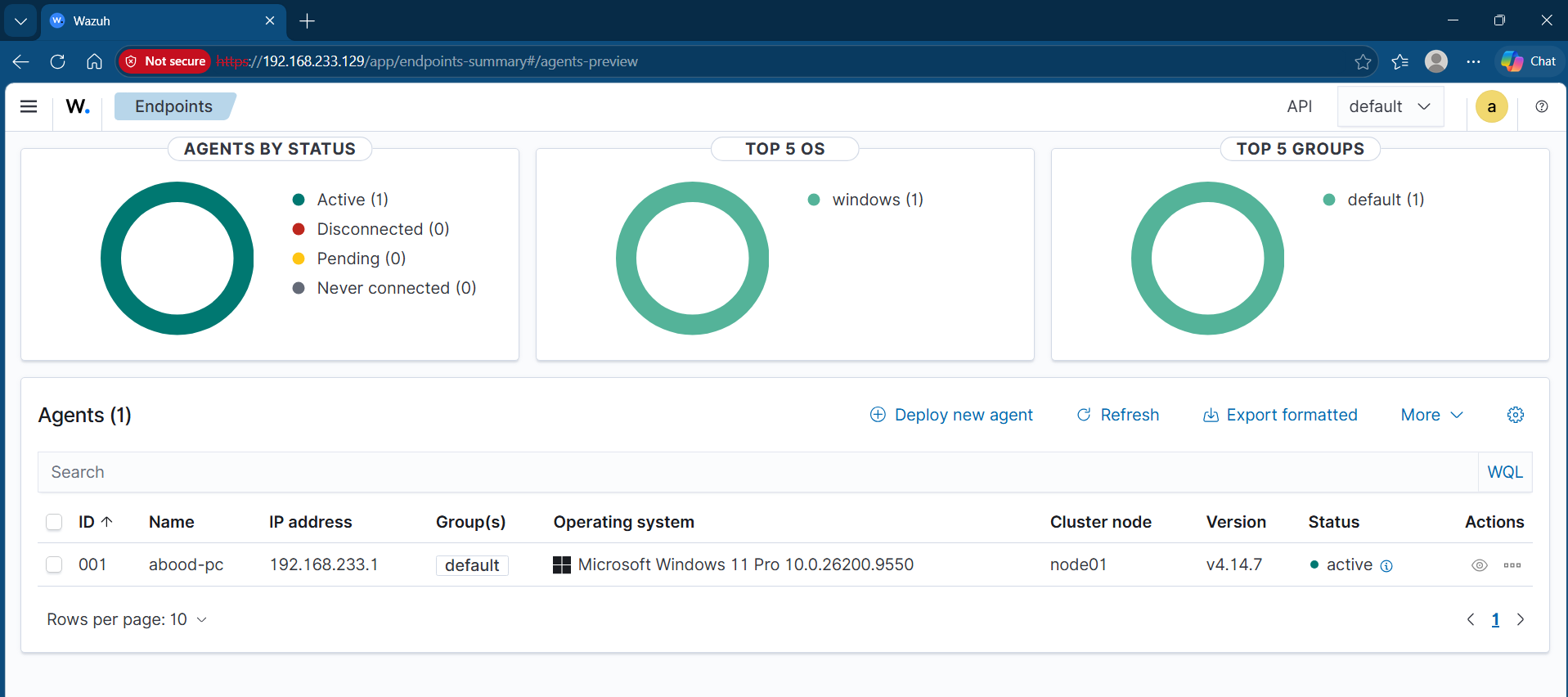Wazuh endpoint detail: the monitored Windows host, active and reporting