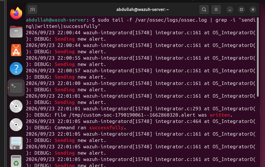 Integration debug log: Wazuh forwarding alerts to the webhook