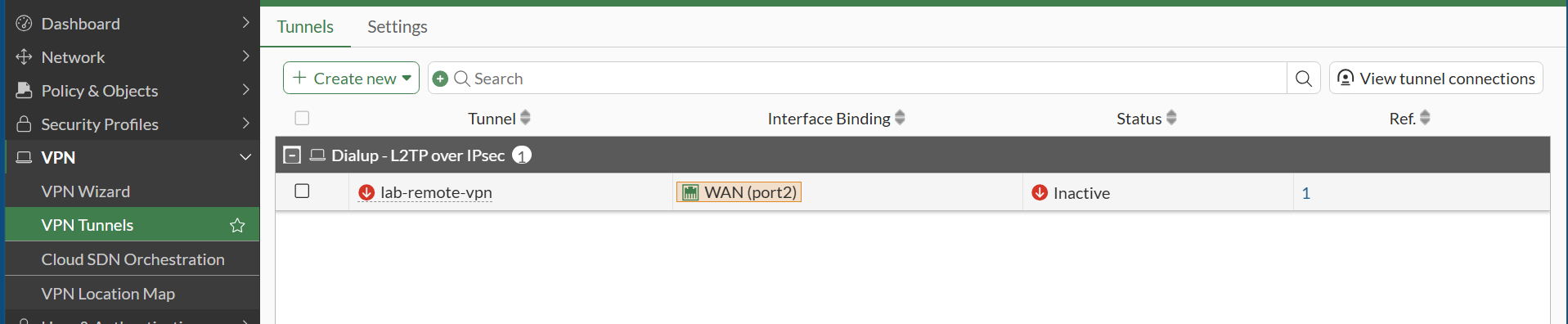 VPN tunnel configured in the FortiGate GUI