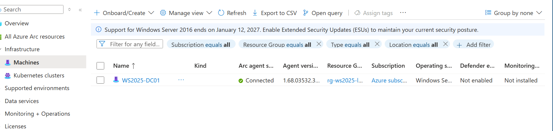 Azure Arc showing the on-prem domain controller as Connected